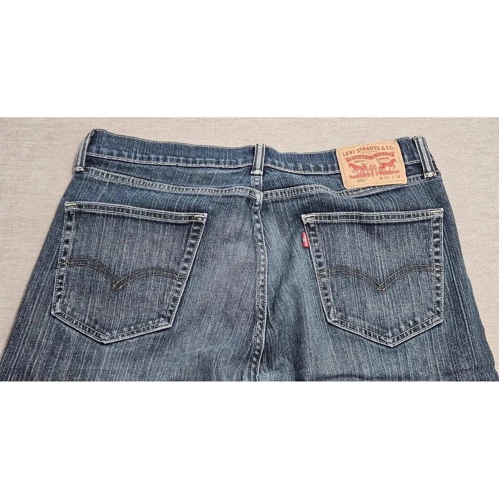 Levis 505 Regular Fit Straight Leg Jeans Blue Slub Denim Mens 34x31 Cut Off Hem*